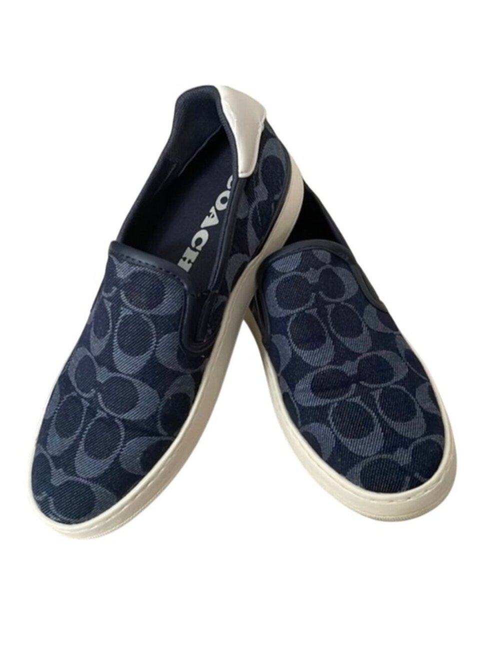 Coach Womens 6B Monogram Signature Slip-On Sneakers Navy/White Elegant Designer